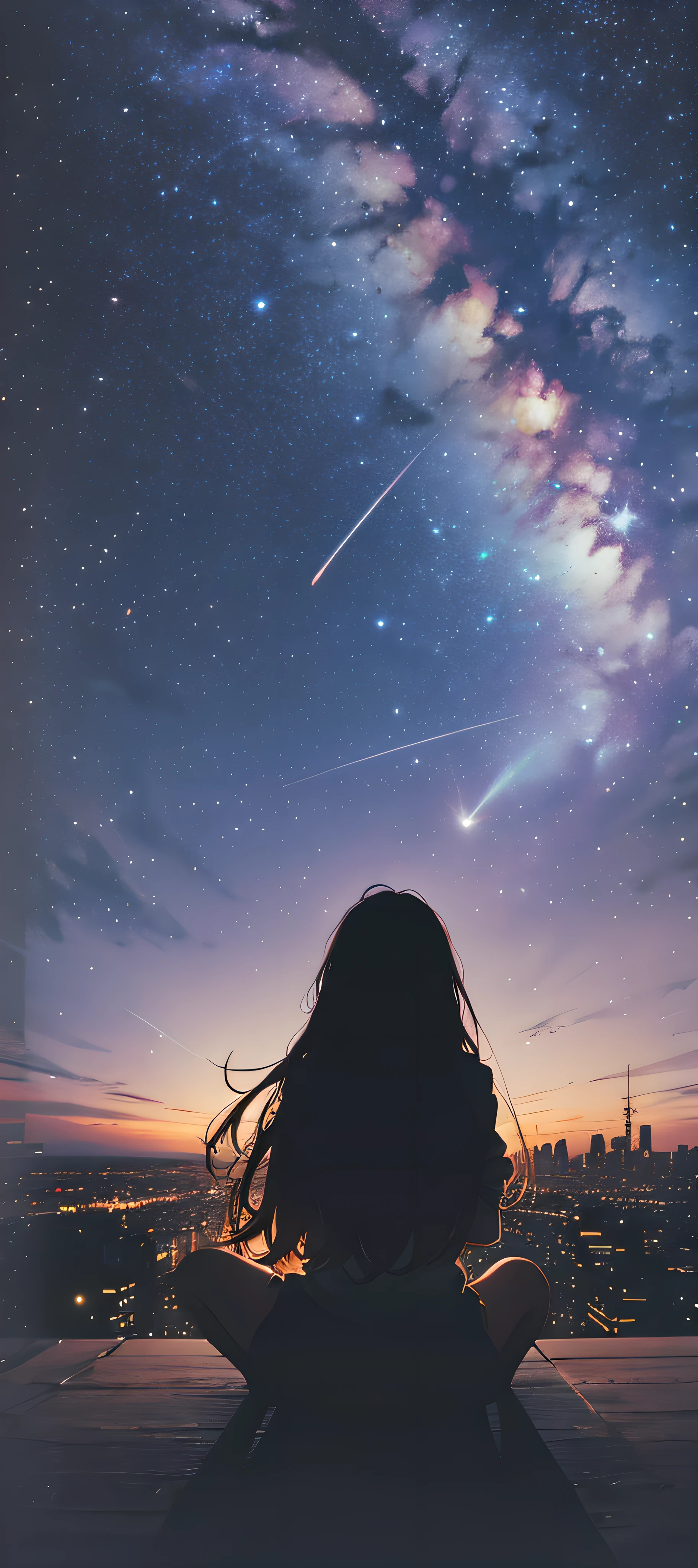 octane, Sky, Star (Sky), landscape, Starry Sky, night, 1 Girl, night Sky, Solitary, outdoor, architecture, cloud, Milky Way, sit, Tree, Long hair, City, contour, Cityscape --auto --s2