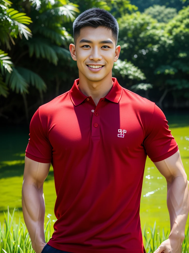 (Create a masterpiece: 1.2),(CGI art:1.3),(realistic:1.5),(After processing:1.3),(Sharp focus:1.3),10,1 man, smile, (Wear a crimson polo shirt.), Navy cargo pants, Korean guy , korean men, (High gloss details), chest muscles, large arm muscles, blood vessel, Big muscles, Broad shoulders, looking at the audience, Balancing the eyes, rice field