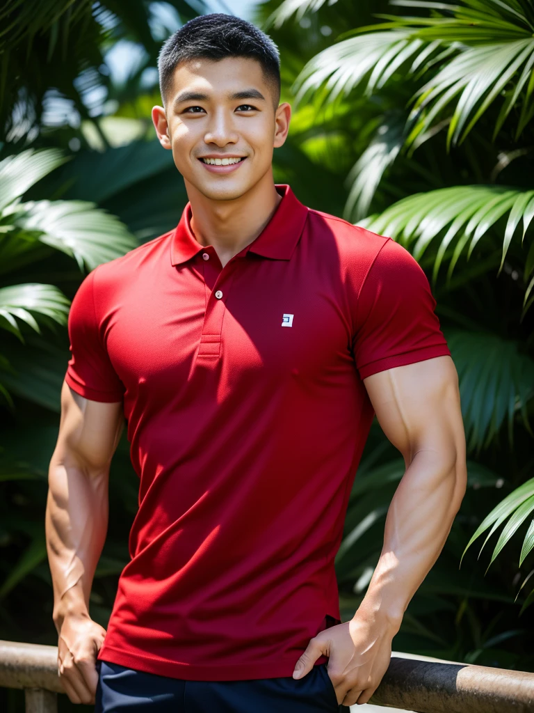 (Create a masterpiece: 1.2),(CGI art:1.3),(realistic:1.5),(After processing:1.3),(Sharp focus:1.3),10,1 man, smile, (Wear a crimson polo shirt.), Navy cargo pants, Korean guy , korean men, (High gloss details), chest muscles, large arm muscles, blood vessel, Big muscles, Broad shoulders, looking at the audience, Balancing the eyes, rice field