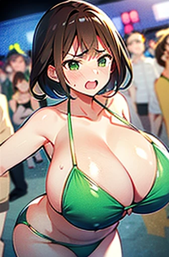 Big Tits、Huge breasts、Emerald Green Bikini、blush、middle of crowd、Brown Hair、Overflowing breasts、blush、Angry face、Next to my boyfriend、male