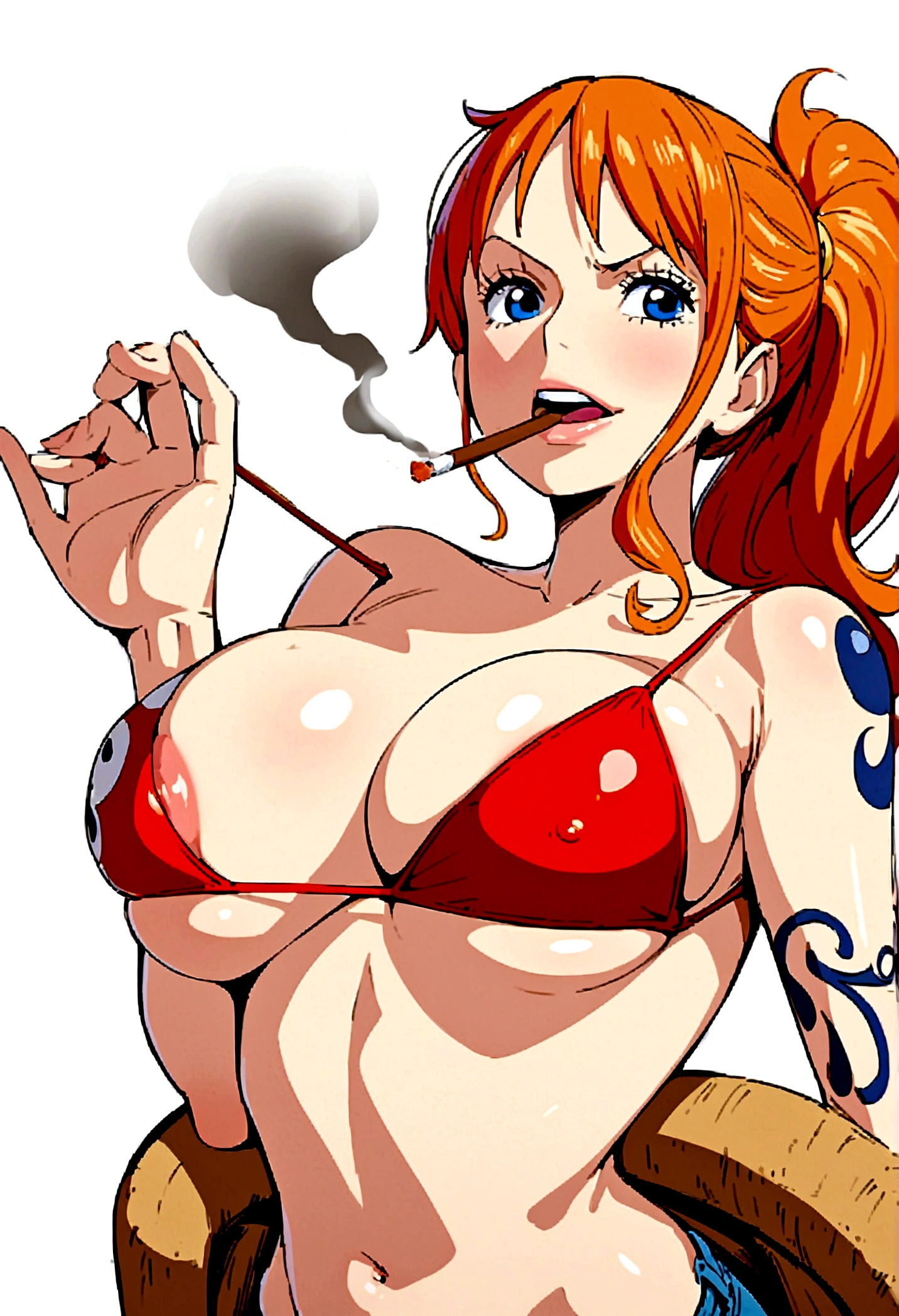 a cartoon picture of a woman in a bikini top and jeans, nami one piece, nami from one piece, nami, beautiful portrait of nami, from one piece, oppai, blue eyes, smoking, ponytail, nsfw
