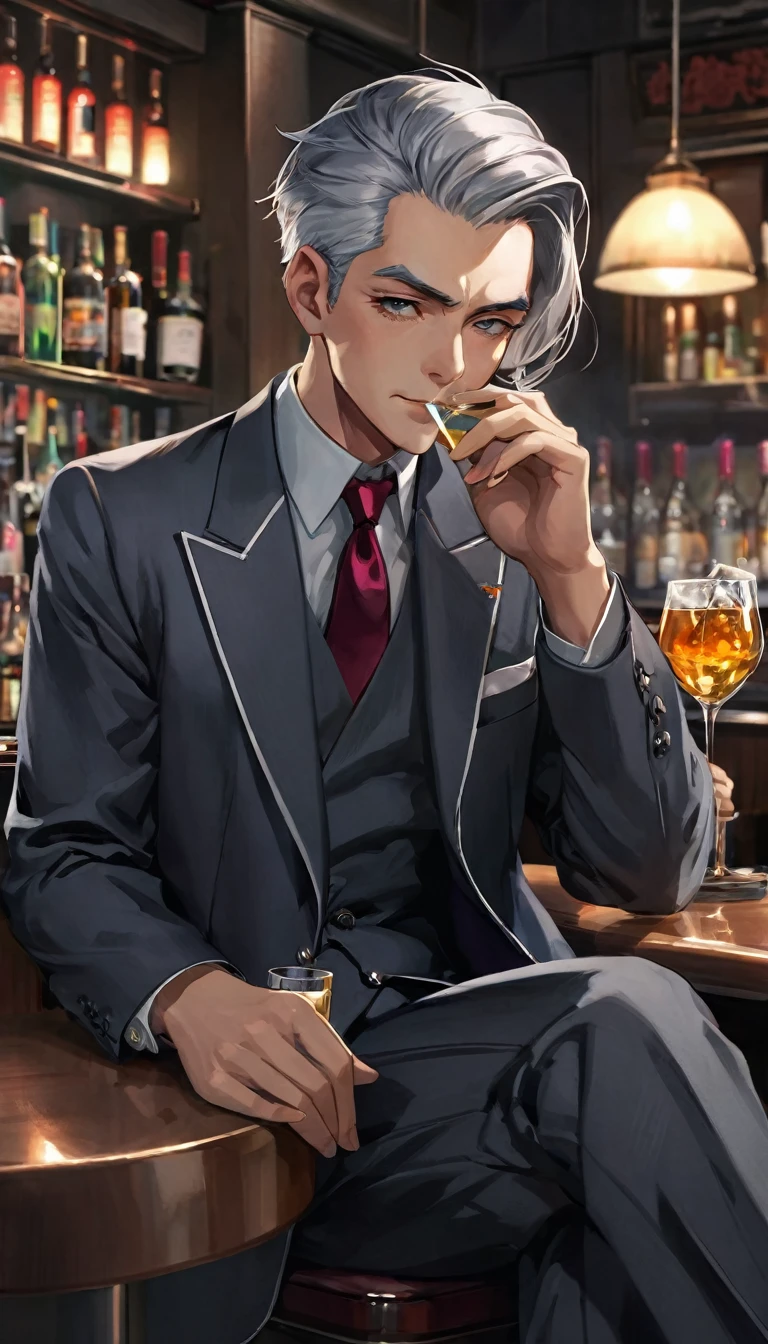 (8K, 16K, Awards, Highest quality, High resolution, Super Detail, masterpiece: 1.3),Please generate an image with the following characteristics:。
Style: Modern anime style sex with clean lines and vibrant colors: Male age group: Hairstyles and colors for people in their 60s: Gray Hair、Slicked-back person pose: A man drinking alcohol with a cigarette beside him: Serious gaze: Front clothing and decoration: Muscular butler composition: Scenes and situations where you sit in a chair: A corner seat in a dimly lit bar