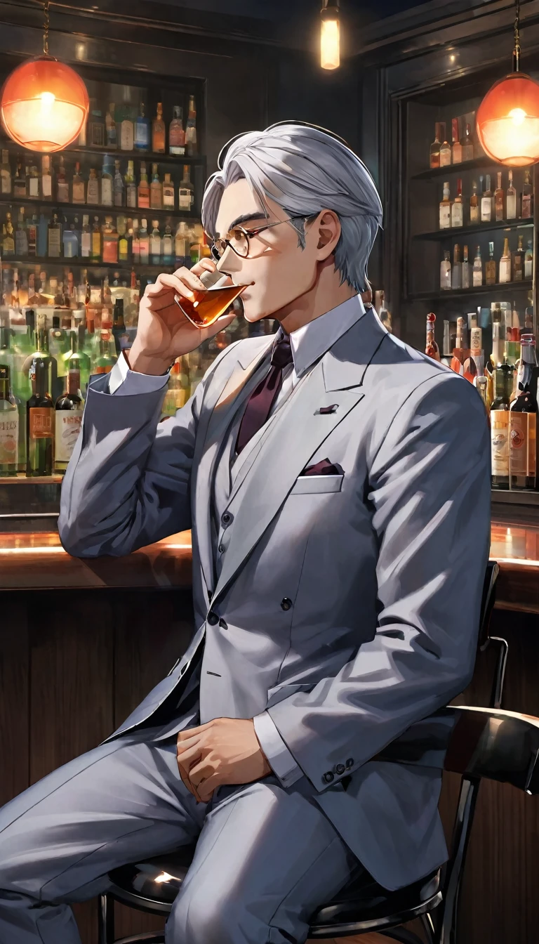 (8K, 16K, Awards, Highest quality, High resolution, Super Detail, masterpiece: 1.3),Please generate an image with the following characteristics:。
Style: Modern anime style sex with clean lines and vibrant colors: Male age group: Hairstyles and colors for people in their 60s: Gray Hair、Slicked-back person pose: A man drinking alcohol with a cigarette beside him: Serious gaze: Front clothing and decoration: Muscular butler composition: Scenes and situations where you sit in a chair: A corner seat in a dimly lit bar