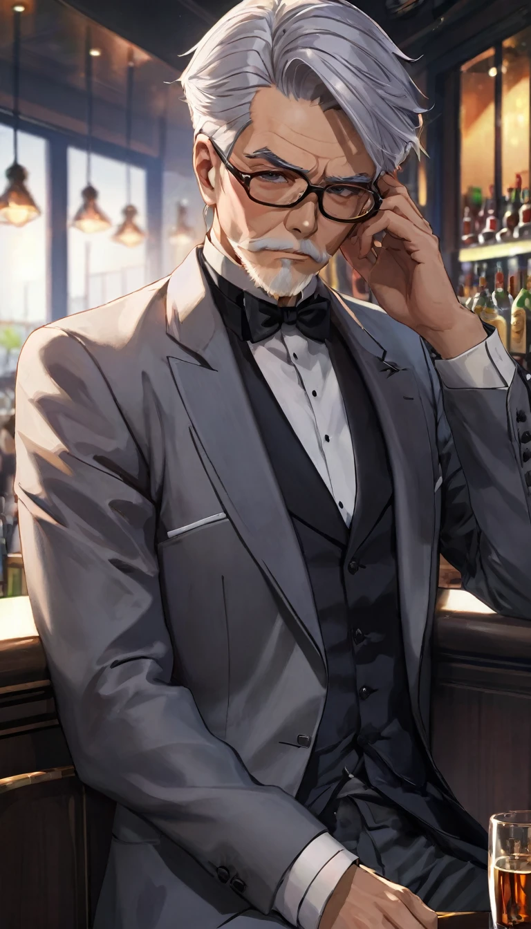 (8K, 16K, Awards, Highest quality, High resolution, Super Detail, masterpiece: 1.3),Please generate an image with the following characteristics:。
Style: Modern anime style sex with clean lines and vibrant colors: Male age group: Hairstyles and colors for people in their 60s: Gray Hair、Slicked-back person pose: A man drinking alcohol with a cigarette beside him: Serious gaze: Front clothing and decoration: Muscular butler composition: Scenes and situations where you sit in a chair: A corner seat in a dimly lit bar