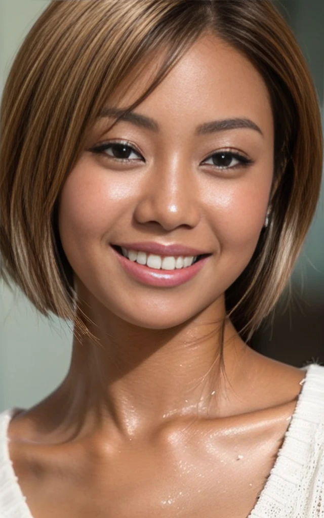 gyaru, dark-skinned, shiny oiled skin, short cut hair, face close up, smiling