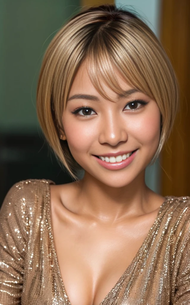 gyaru, dark-skinned, shiny oiled skin, short cut hair, face close up, smiling