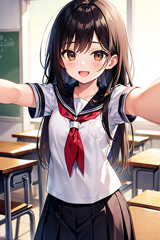 masterpiece, extra limbs, 1 girl,14years old, black long straight hair, (tareme:1.5 brown  eyes), (((delighted))), white seifuku,spread arms,standing, classroom