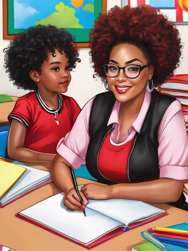 Light skinned African American women, fluffy big curly afto, glasses, cute face card, big mommy milker tits, Juicy fat ass, wearing red colored, and black colored biker shorts, at  with kids sitting in desk