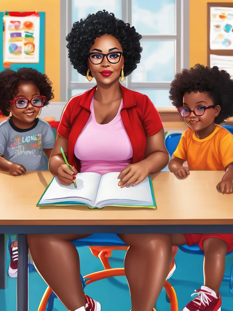 Light skinned African American women, fluffy big curly afto, glasses, cute face card, big mommy milker tits, Juicy fat ass, wearing red colored, and black colored biker shorts, at  with kids sitting in desk