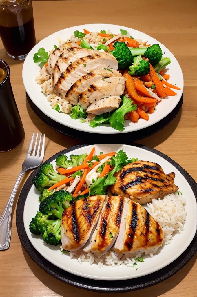 rice, bean,, grilled chicken, Meat bait, Carrot with broccoli and Salad.