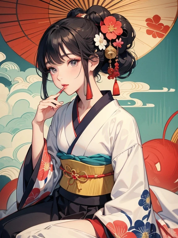 (Highest quality、masterpiece、High resolution、8K)、Ukiyo-e、Utamaro、Vibrant colors、A town girl from the Edo period、whole body、Utamaroの絵のモデル,Her hair is black and beautifully tied in a round topknot.、Decoration、The kimono is a Japanese style outfit with a colorful floral pattern.、Sitting upright 、Applying lipstick to one's lips、lips ajar、Official Art、Japanese-style room、It is a tatami room.There is a candle light placed、