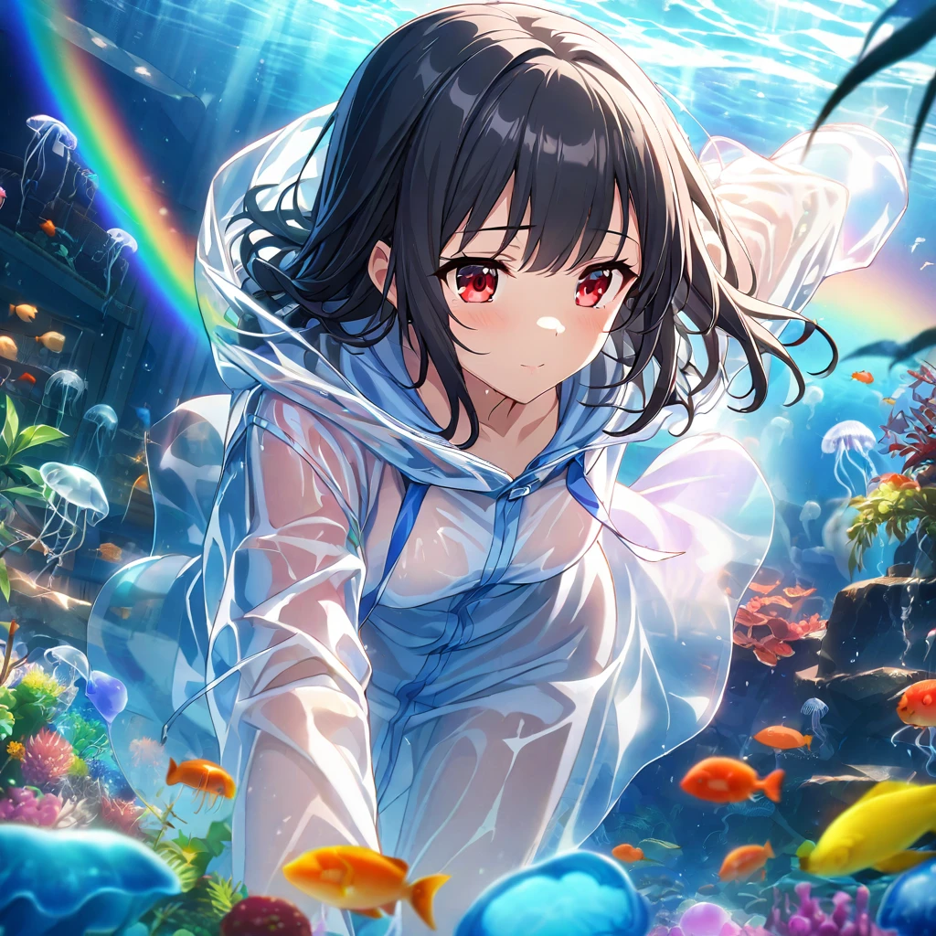 1girl、Black Hair、Red eyes、Skeleton Body、Rainbow-colored reflections on the surface of a raincoat、Transparent vinyl raincoat、PVC material、Blue jellyfish、aquarium、deep faint light 、 detailed CG、high resolution