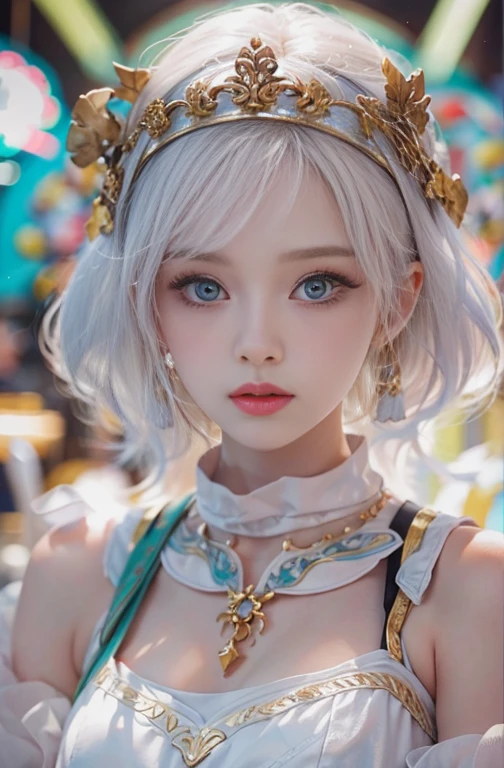 18-year-old, Wide-angle lens, Woman in ancient Greek costume、Woman enjoying merry-go-round at night,Shoulder out、thin、Serious expression、Short-haired、Deadly position, Gorgeous Necklace, Light milky porcelain skin, Smooth, Translucent white skin, Enchanting anime girl, Beautiful and seductive anime woman, Super realistic sweet bunny ears girl, Pale porcelain white skin, Smooth, Realistic and perfect body, Girls Cosplay, Perfect body with realistic shadows, Switzerland'masterpiece, There is a real white rabbit. Red eyes and blue eyes