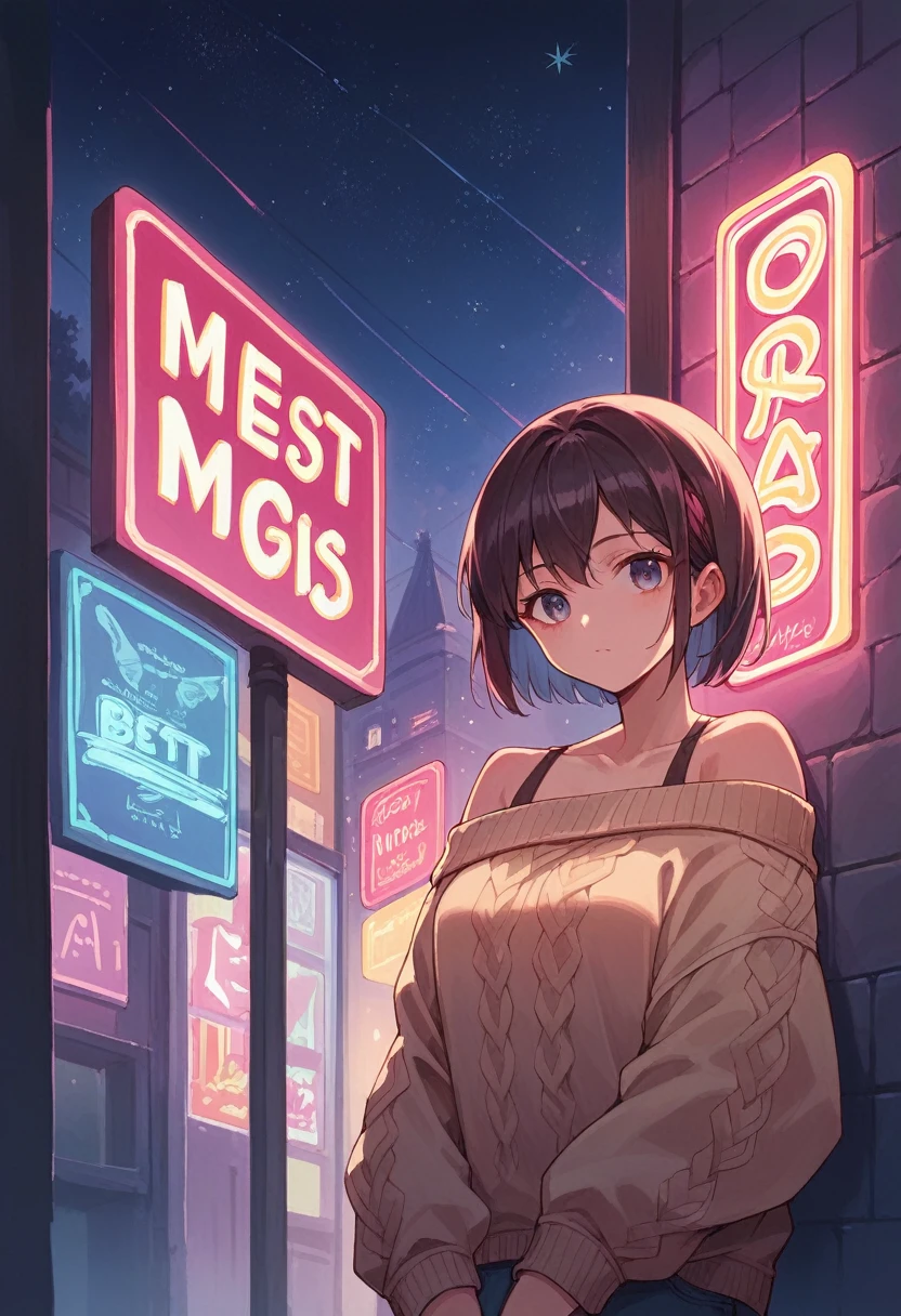 ((Best quality)), ((masterpiece)), (detailed), 1 girl, off shoulder sweater, neon signs, neon light, Anime girl, animeb night sky, stars