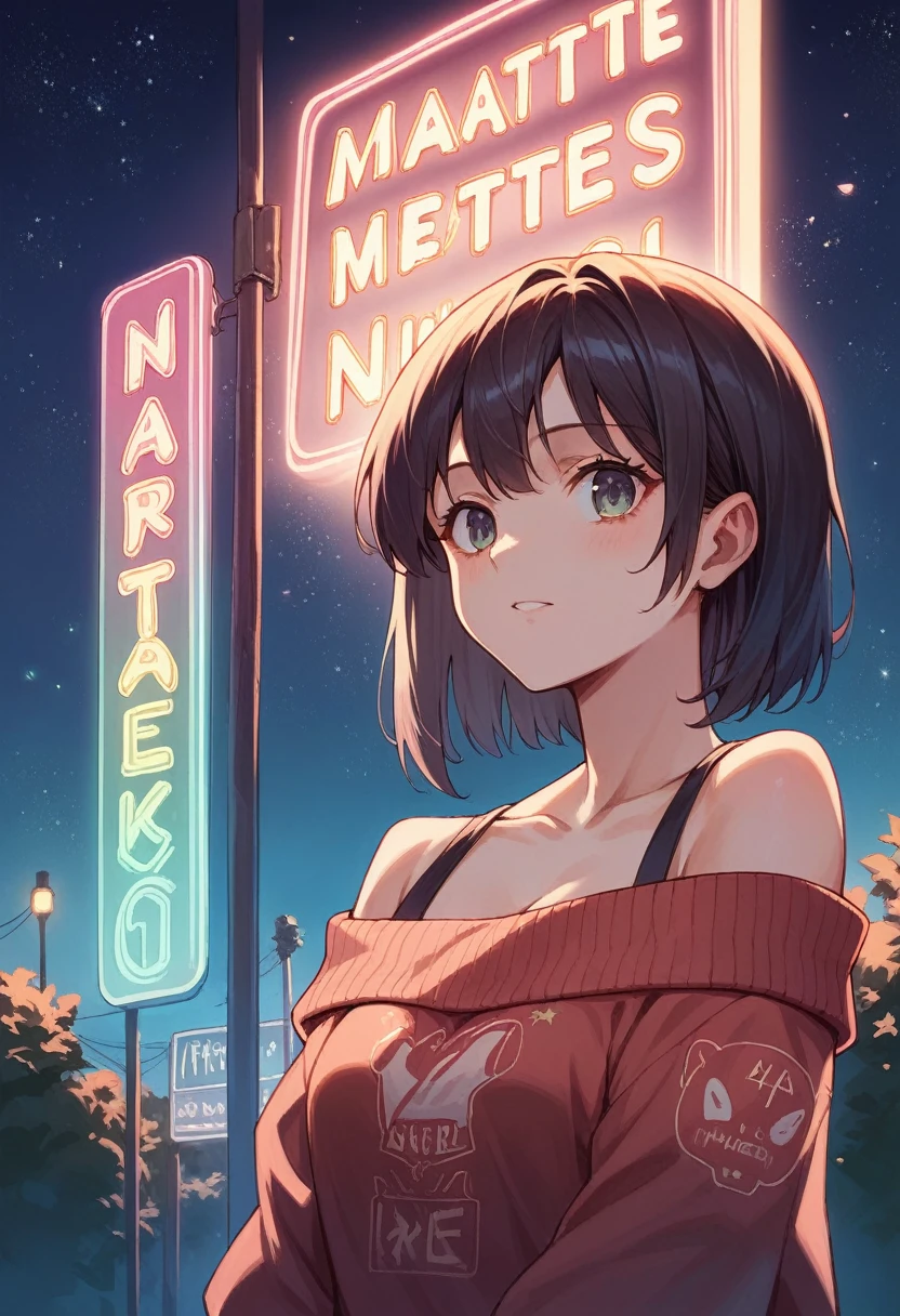 ((Best quality)), ((masterpiece)), (detailed), 1 girl, off shoulder sweater, neon signs, neon light, Anime girl, animeb night sky, stars