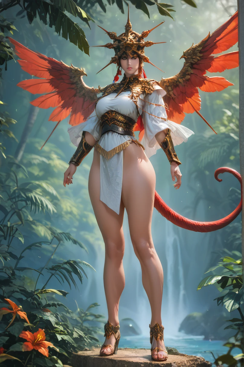 Cute appearance,  figure, standing in the tropical rain forest,  and long legs, wearing high-tech golden armor, holding two samurai swords, with Gundam big wings behind her and a long red tail, full body portrait
