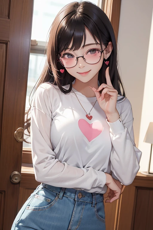 Highest quality、masterpiece、High sensitivity、High resolution、Detailed Description、Slender women、Slim Body、Glasseake a heart shape with your fingers、Wink、Casual clothes、smile、