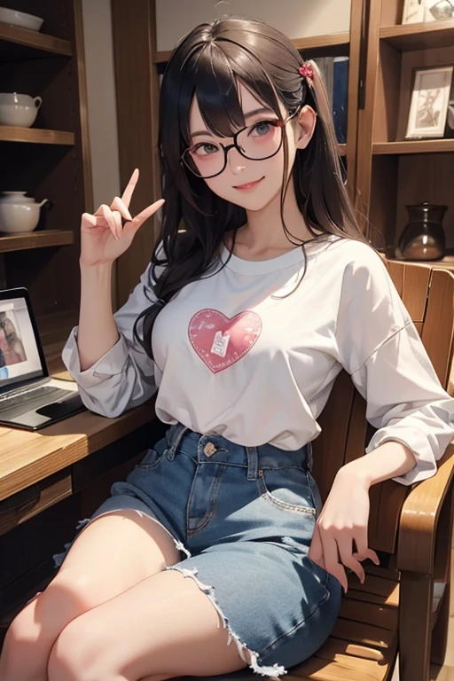 Highest quality、masterpiece、High sensitivity、High resolution、Detailed Description、Slender women、Slim Body、Glasseake a heart shape with your fingers、Wink、Casual clothes、smile、