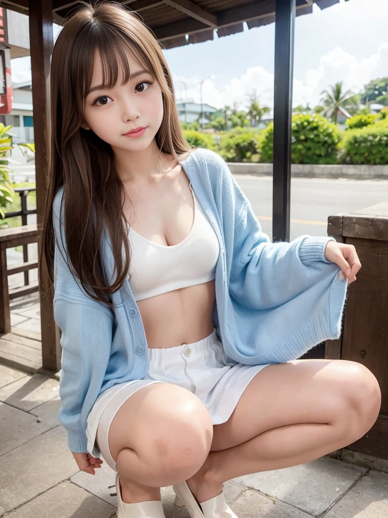 Beautiful shy and childish Japanese girl, Age: 13, Small breasts, Childish expression, Light honey-colored long hair, Brown eyes, Glossy Lips, Shiny hair and shiny body, Shiny thighs, A shy smile, A loose light brown summer sweater, Denim mini skirt, Squatting in pumps, A glimpse of white panties, In the city of Bali, Clear blue sky and clear blue sea, Light shines in, A glimpse of the chest, Exposed chest,