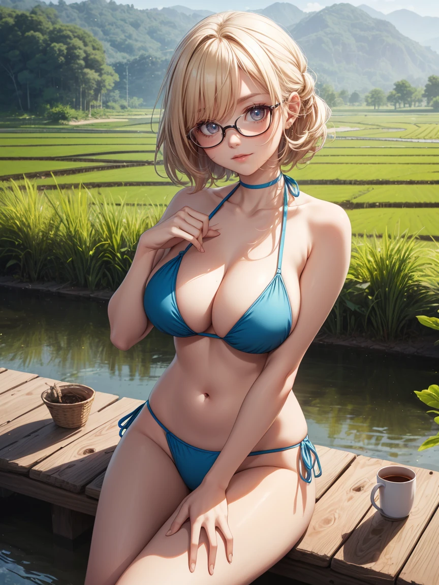  top-quality, Full limbs, complete fingers, 1girl in, ((one beautiful women, solo)), Beautiful Large Breasts, straight haired, blondehair, (blue bikini), countryside, rice fields, Naughty Poses, A big smile, glasses 