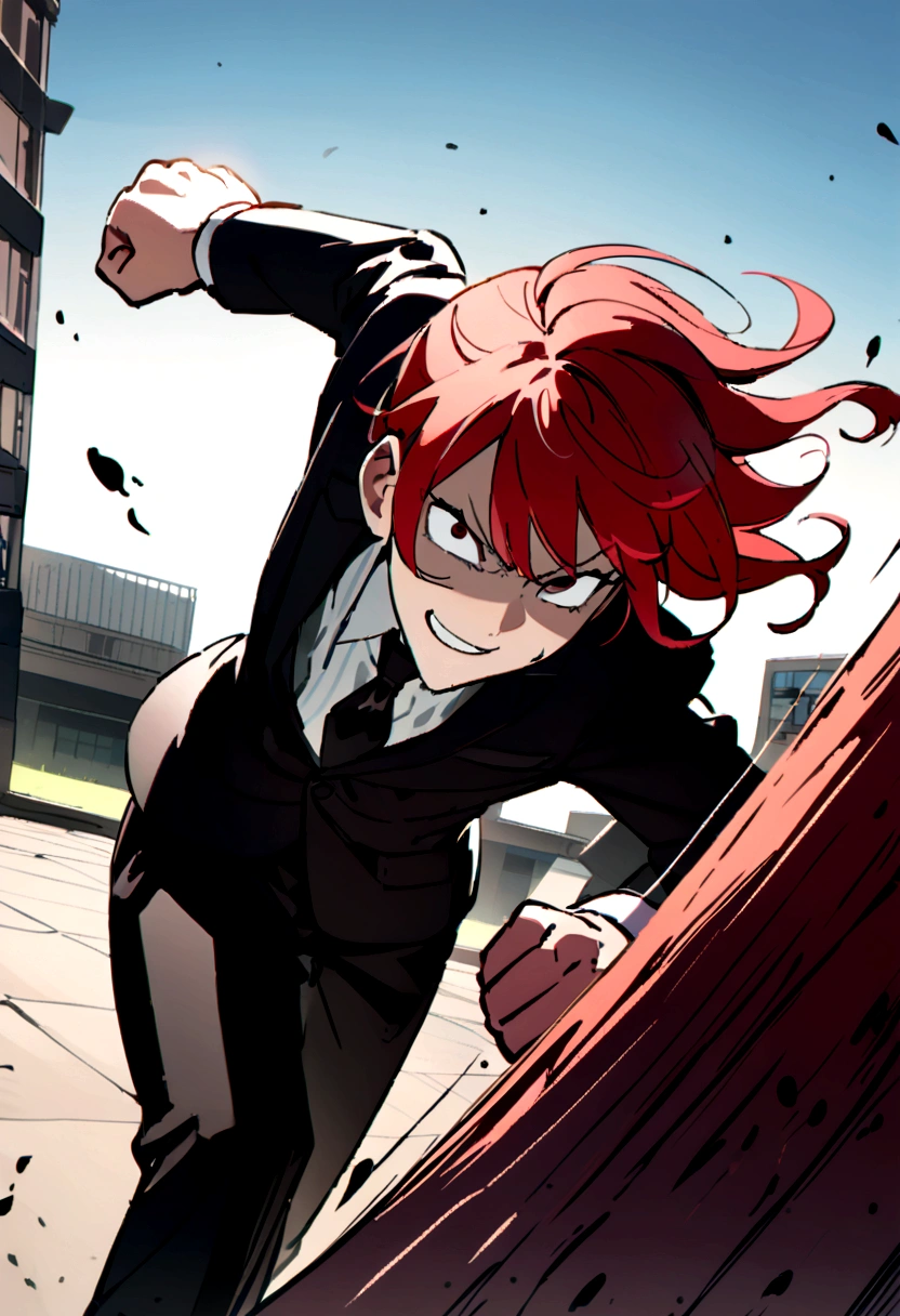 Red hair、Black suit、punch、Scary smile、office、Daytime、punching,Front facing,Momentum、Front facing