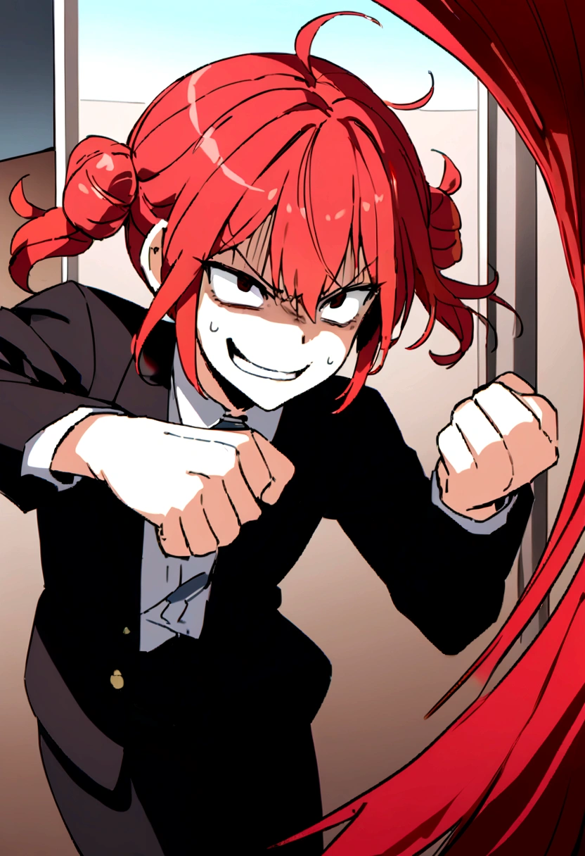 Red hair、Black suit、punch、Scary smile、office、Daytime、punching,Front facing,Momentum、Front facing