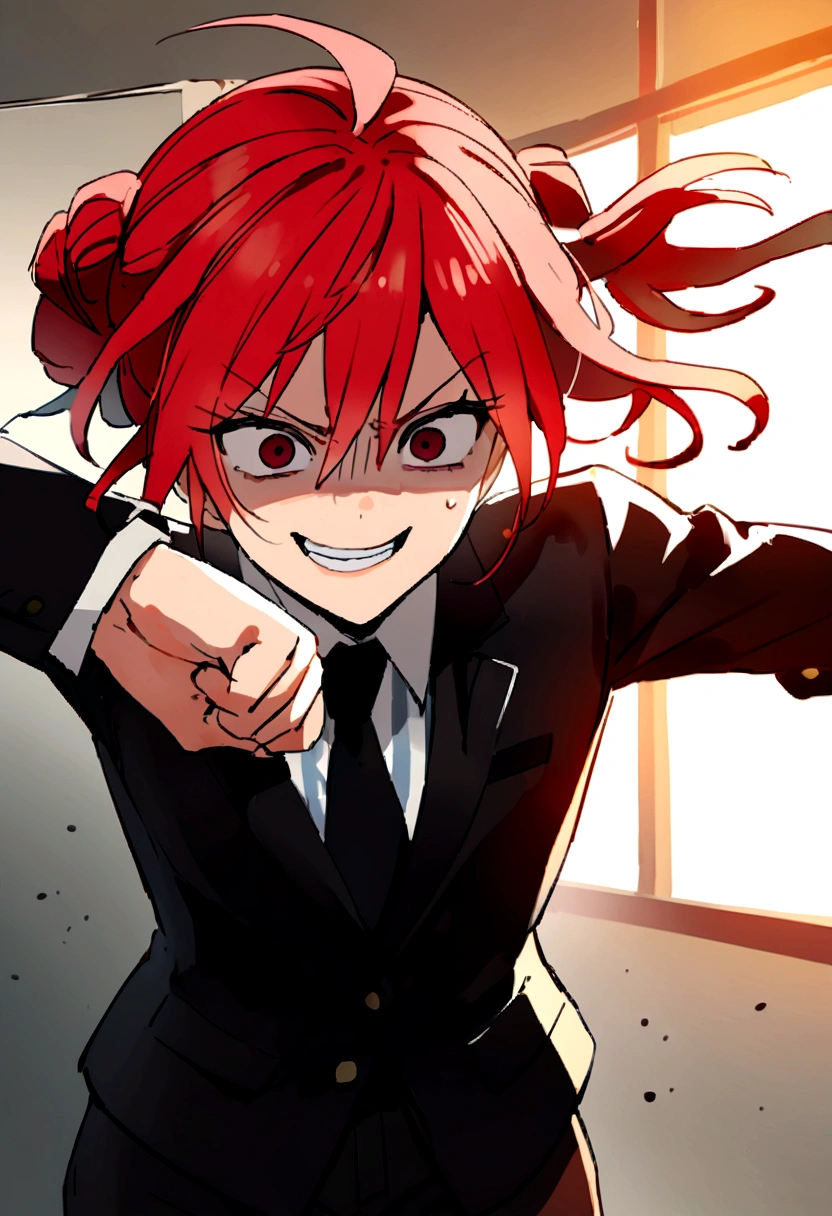 Red hair、Black suit、punch、Scary smile、office、Daytime、punching,Front facing,Momentum、Front facing