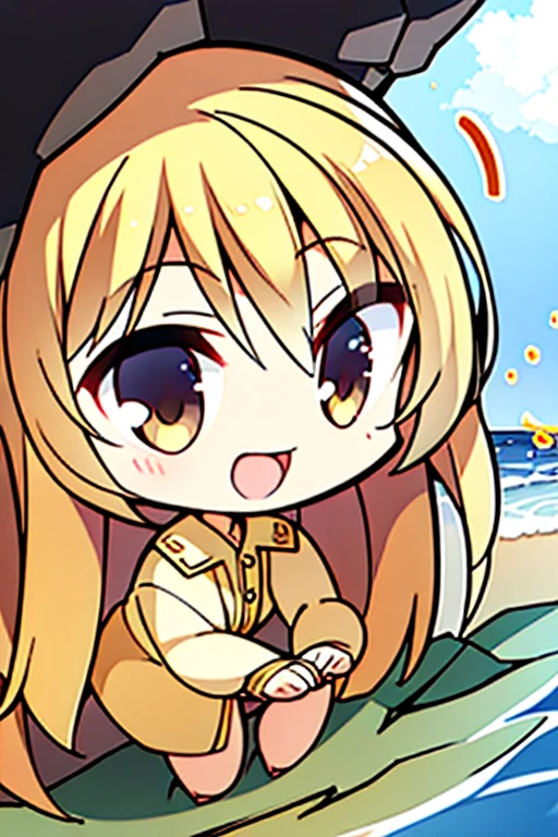 perfect face, perfect hands.. A blonde haired female angel with hazel eyes and golden wings in a conservative captain's outfit is exploring a sea cave with a big smile