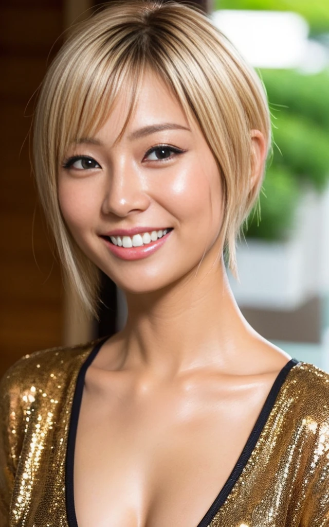 gyaru, shiny oiled skin, short cut hair, face close up, smiling