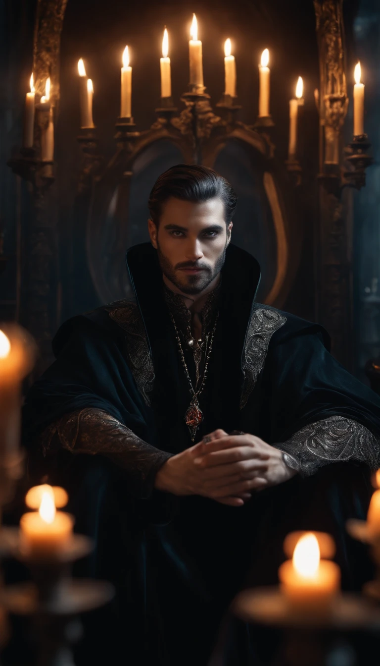 Num dark and mystical environment, the elegant sorcerer in black gothic robes holds a mirror in his hands. Surrounded by candles and a magical environment, it evokes a beautiful water elemental.