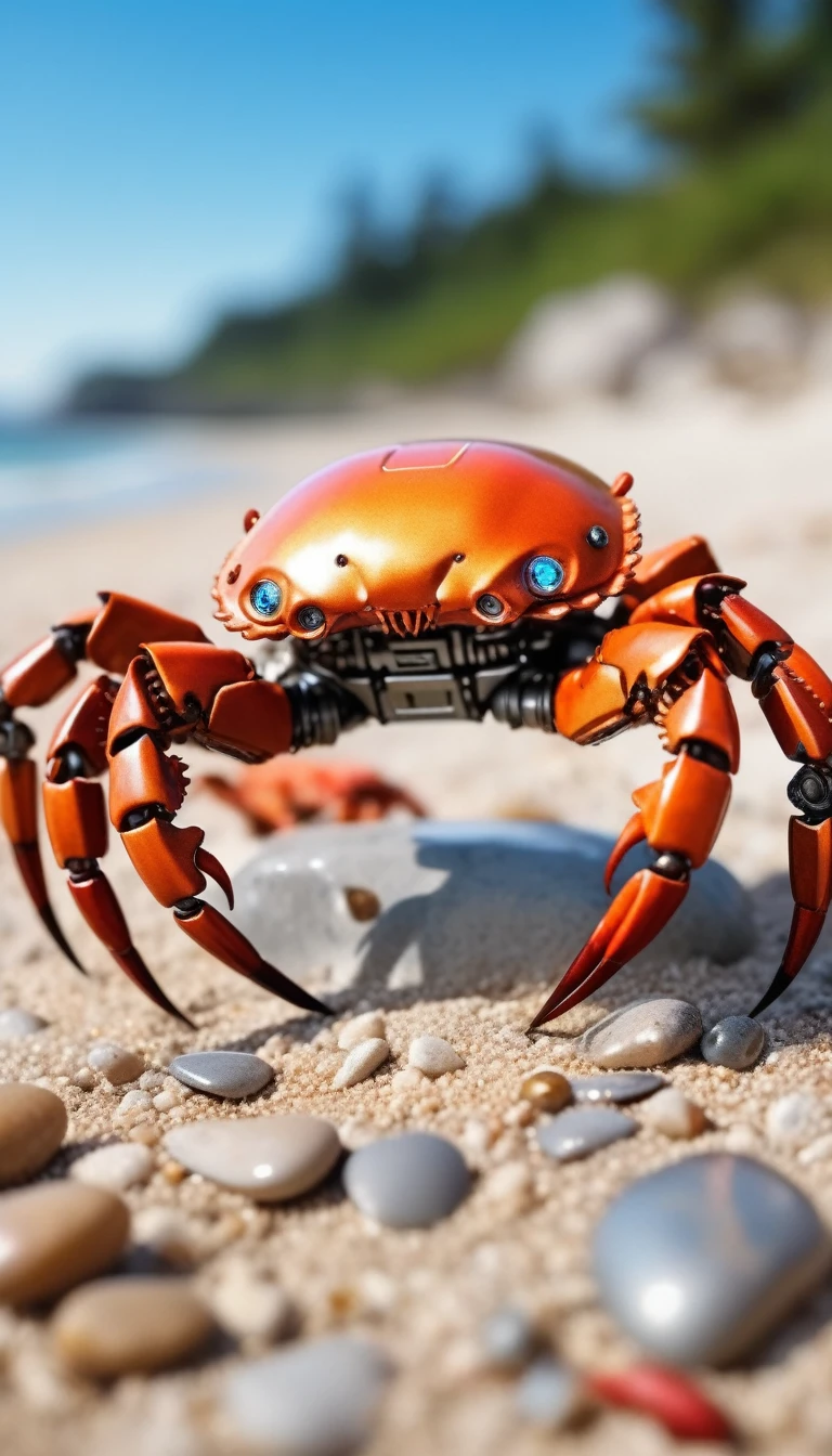 Macro photography, A robot crab with crab claws threatening on a pebble beach, Beautiful metalwork, Oil stain color gradation, colorful,  Very detailed, Hyper Realist,  F-number: 1.2, Shallow depth of field, Bokeh, Clean Sharp,