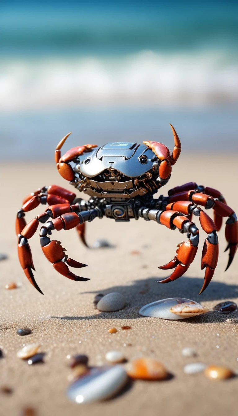 Macro photography, A robot crab with crab claws threatening on a pebble beach, Beautiful metalwork, Oil stain color gradation, colorful, Very detailed, Hyper Realist, F-number: 1.2, Shallow depth of field, Bokeh, Clean Sharp,