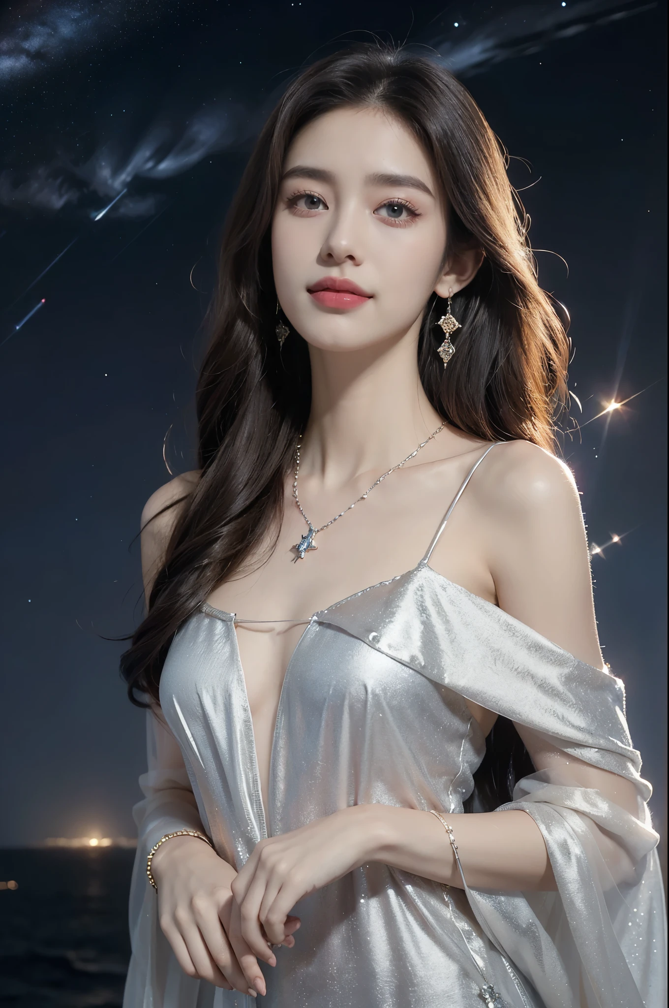 (((best quality))),(((ultra detailed))),(((masterpiece))),illustration,((A beautiful female astrologer,solo)),((slim,thin)),((small breasts,flat chest)),((shoulder length straight bob hair)),(laughing:1.2),(earrings,necklace),(sparkled sheer shirt-dress:1.3),standing beneath a magical summer night, stars twinkling in the velvety darkness,starry sky, sapphire eyes filled with wonder, flowing ethereal gown mimicking the stars, silver pendant shaped like a horoscope,serene smile and captivating gaze, celestial beauty and mystery, solace and inspiration in the vast expanse of the universe,((from front,upper body))