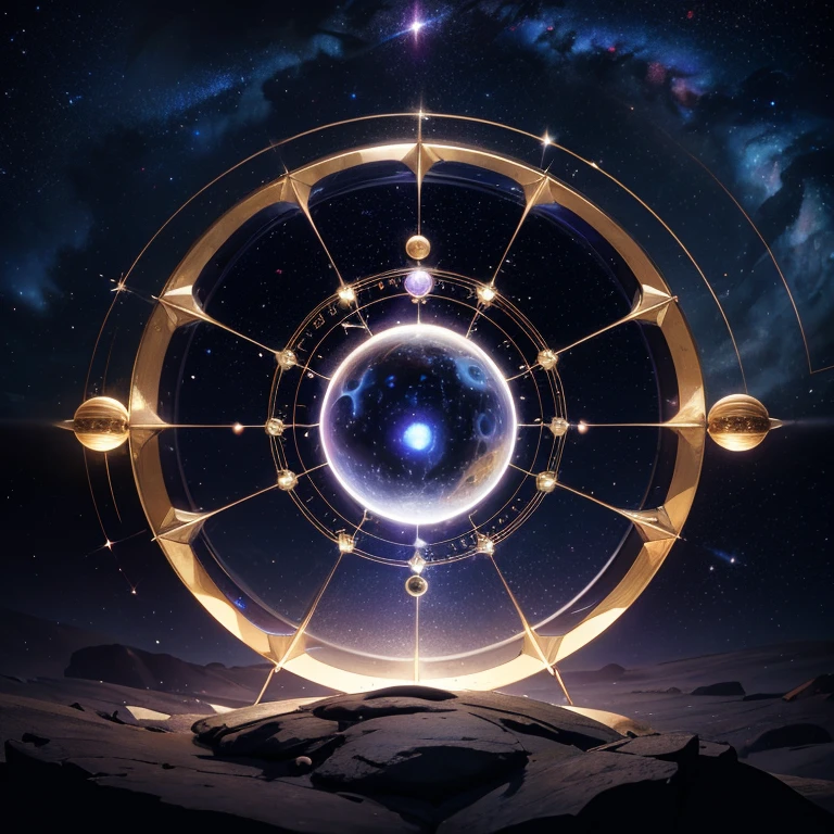 astrologer, detailed astrological observatory, starry night sky, glowing planets, cosmic energy, astrological symbols, mystic occult, crystal ball, astrological instruments, ancient knowledge, deep space, planetary alignment, galaxy backdrop, ethereal light, intricate details, digital art, cinematic lighting, dramatic atmosphere, moody colors, hyper realistic