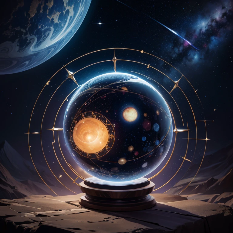 astrologer, detailed astrological observatory, starry night sky, glowing planets, cosmic energy, astrological symbols, mystic occult, crystal ball, astrological instruments, ancient knowledge, deep space, planetary alignment, galaxy backdrop, ethereal light, intricate details, digital art, cinematic lighting, dramatic atmosphere, moody colors, hyper realistic