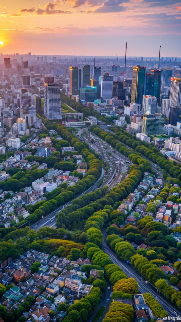 a view of a city with tall buildings and a green park, a picture by Naondo Nakamura, unsplash, sōsaku hanga, tokyo japan,    arafed view of a field of flowers with a sunset in the background, floral sunset, warm beautiful scene, beautiful sunrise, flowers sea everywhere, sunset warm spring, beautiful sunset, magnificent background, vibrant sunrise, beautiful sunset glow, breathtaking landscape, stunning sunset, field of flowers, at sunrise in springtime, sunset glow, beautiful sunrise lighting, flower field, sunset sunrise  tokyo city, tokyo city in the background, tokio, tokyo, japanese city, tokyo prefecture, new tokyo, aerial view of a city, tokyo in the background, bird's eye view of a city