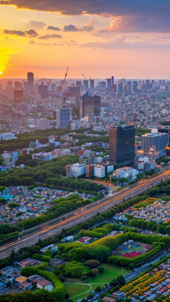 a view of a city with tall buildings and a green park, a picture by Naondo Nakamura, unsplash, sōsaku hanga, tokyo japan, arafed view of a field of flowers with a sunset in the background, floral sunset, warm beautiful scene, beautiful sunrise, flowers sea everywhere, sunset warm spring, beautiful sunset, magnificent background, vibrant sunrise, beautiful sunset glow, breathtaking landscape, stunning sunset, field of flowers, at sunrise in springtime, sunset glow, beautiful sunrise lighting, flower field, sunset sunrise tokyo city, tokyo city in the background, tokio, tokyo, japanese city, tokyo prefecture, new tokyo, aerial view of a city, tokyo in the background, bird's eye view of a city