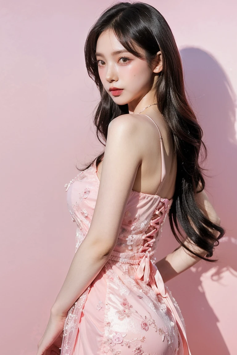 21 year old girl, pink background, beautiful dress