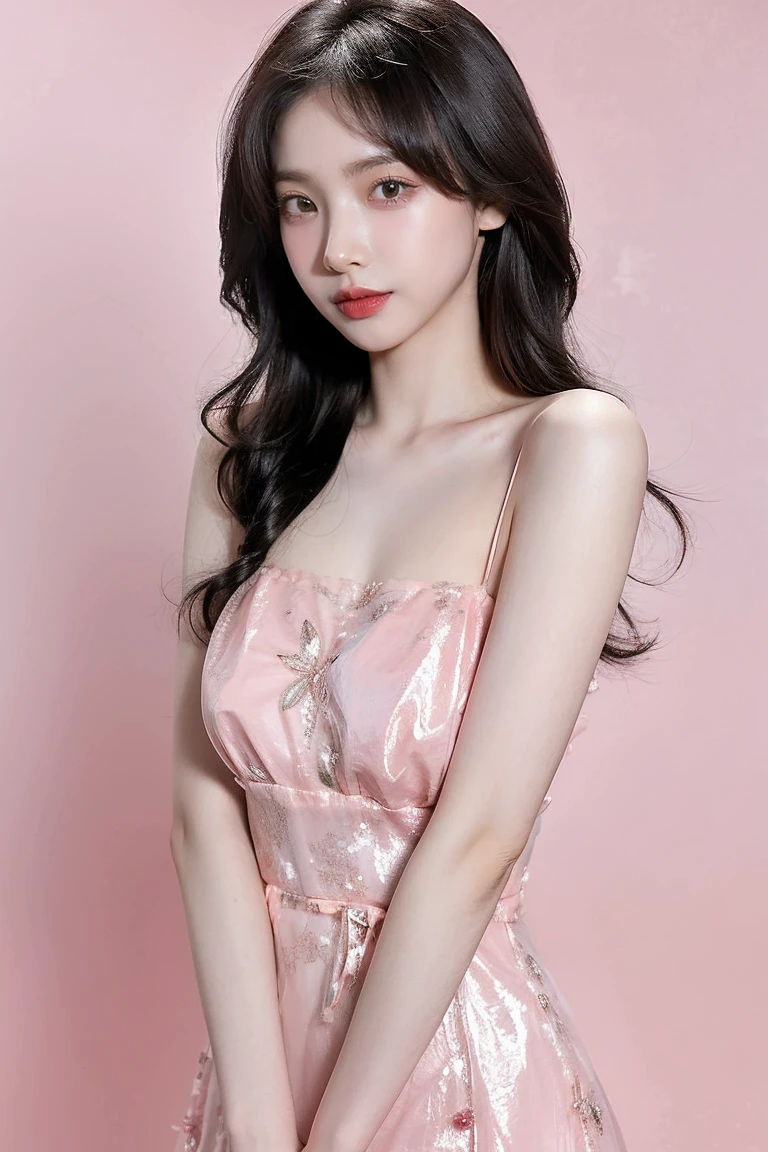 21 year old girl, pink background, short dress