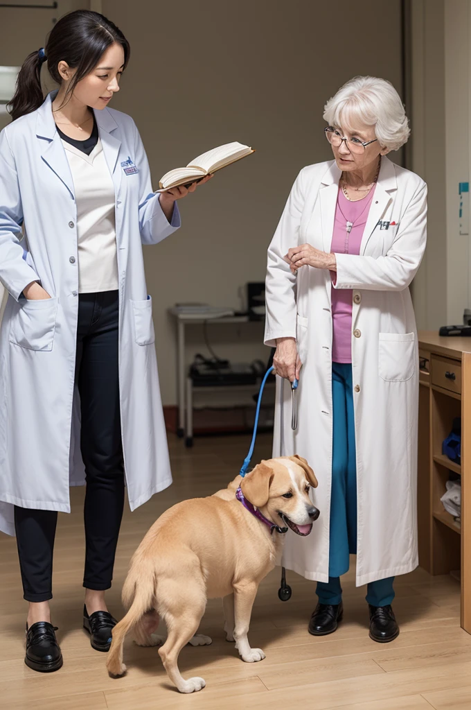 Elderly old woman with dog and another woman in a lab coat; animal physiotherapy