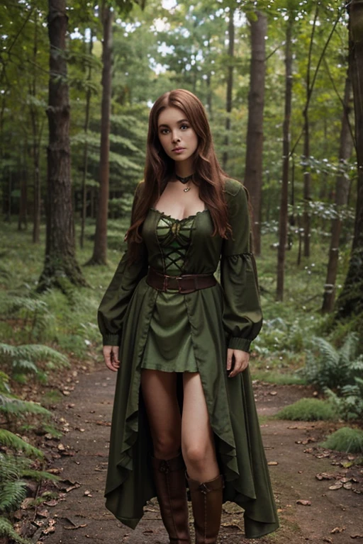 Green fairy, pretty, reddish-brown hair, dark brown eyes, green outfit, earthy theme, medieval, live in forest; anime, full body, 