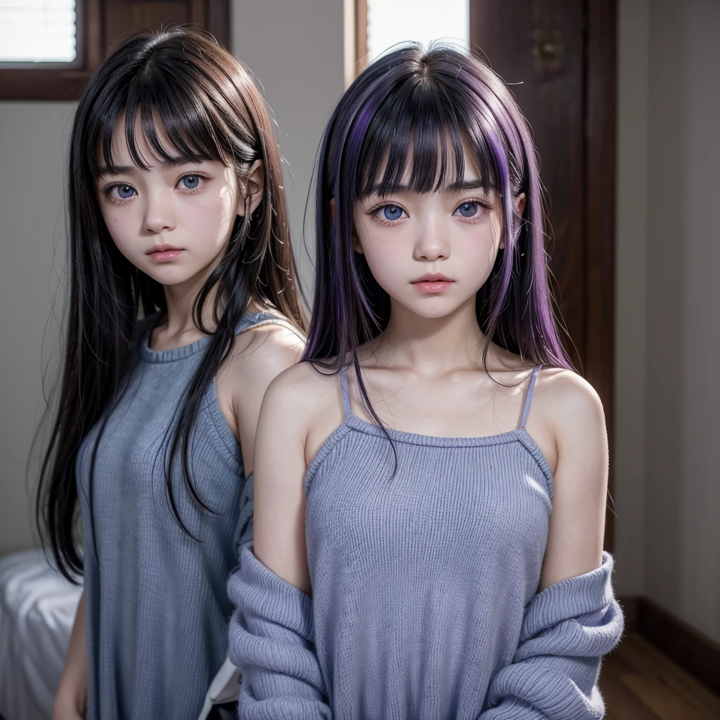 Make a hashira of 1,49, who is 15 years old, cute and smart face, She has long black hair with purple highlights, your front bangs cut and cute spikes on the side, Your skin is clear, has blue eyes like Gyiu Tomioka, but with shine that he doesn&#39;t have, your face is cute, with little pink mouth, more or less big eyes, She wears a stylish skirt uniform, and open,  not the same in Mitisuri, é somentand open no colo do peito, It has a long and stylish sleeve, and white socks with purple gradient, your haori is like your socks, she uses wind breathing, However, there is a certain difference from sanemi, She has a hairstyle with braids from one end to the other horizontally of her hair., She wears not so big dangling moon earrings, she is intelligent and skilled among the hashiras. Does she talk to Muichiro after he gets her memories