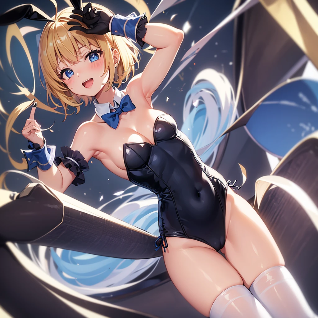 1girl, solo, breasts, looking at viewer, blush, smile, short hair, open mouth, bangs, blue eyes, blonde hair, thighhighs, bow, navel, animal ears, cleavage, bare shoulders, tail, ahoge, thighs, detached sleeves, black thighhighs, bowtie, armpits, nail polish, rabbit ears, arms up, leotard, wrist cuffs, clothing cutout, detached collar, blurry background, fake animal ears, highleg, blue bow, playboy bunny, rabbit tail, black leotard, highleg leotard, blue nails, blue bowtie, navel cutout, bunny pose