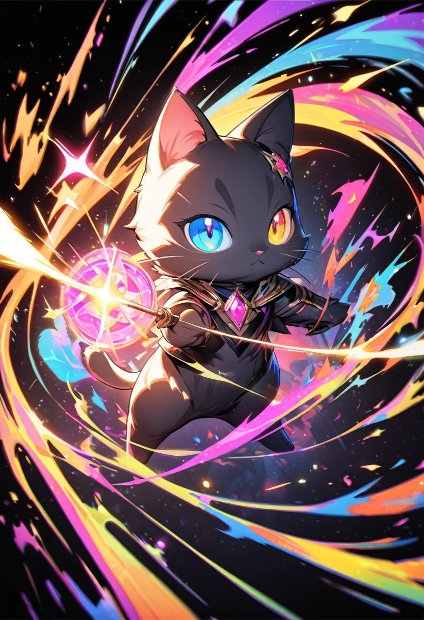 Colorful drawing of a kitten on a black background,, Breathtaking Rendering, In a shining connection, Inspired by Kinuko Y. Crafting,, Magical Elements, Kitten Icon, oh, Is beautiful, Cast a variety of spells, bright flash, flash