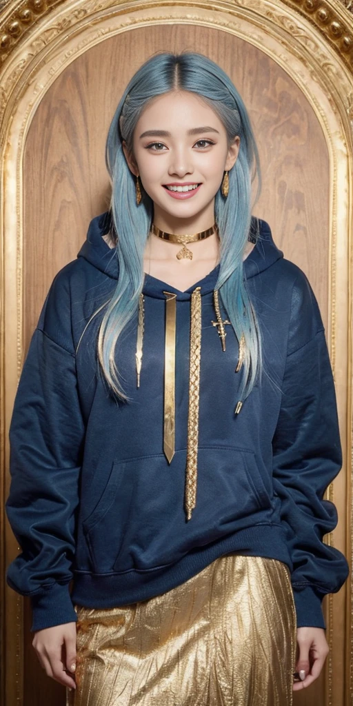 (masterpiece, best quality), intricate details,, 1girl, Gura, multicolored hair, blue eyes, shark hair ornament, gold hair ornament, gold choker, gold bracelet, sharp teeth, grin, blue hoodie,, greek clothes, peplos,