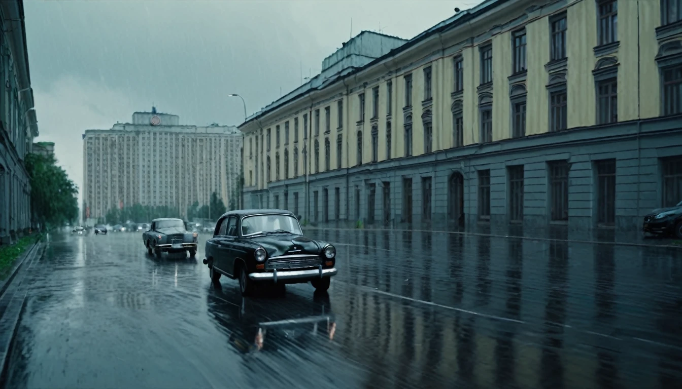 A black car drives against the background of Soviet buildings, rainy weather, downpour, rain, cinematic scene, realistic scene
