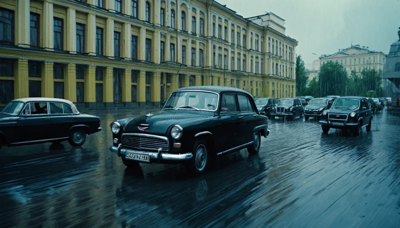 A black car drives against the background of Soviet buildings, rainy weather, downpour, rain, cinematic scene, realistic scene