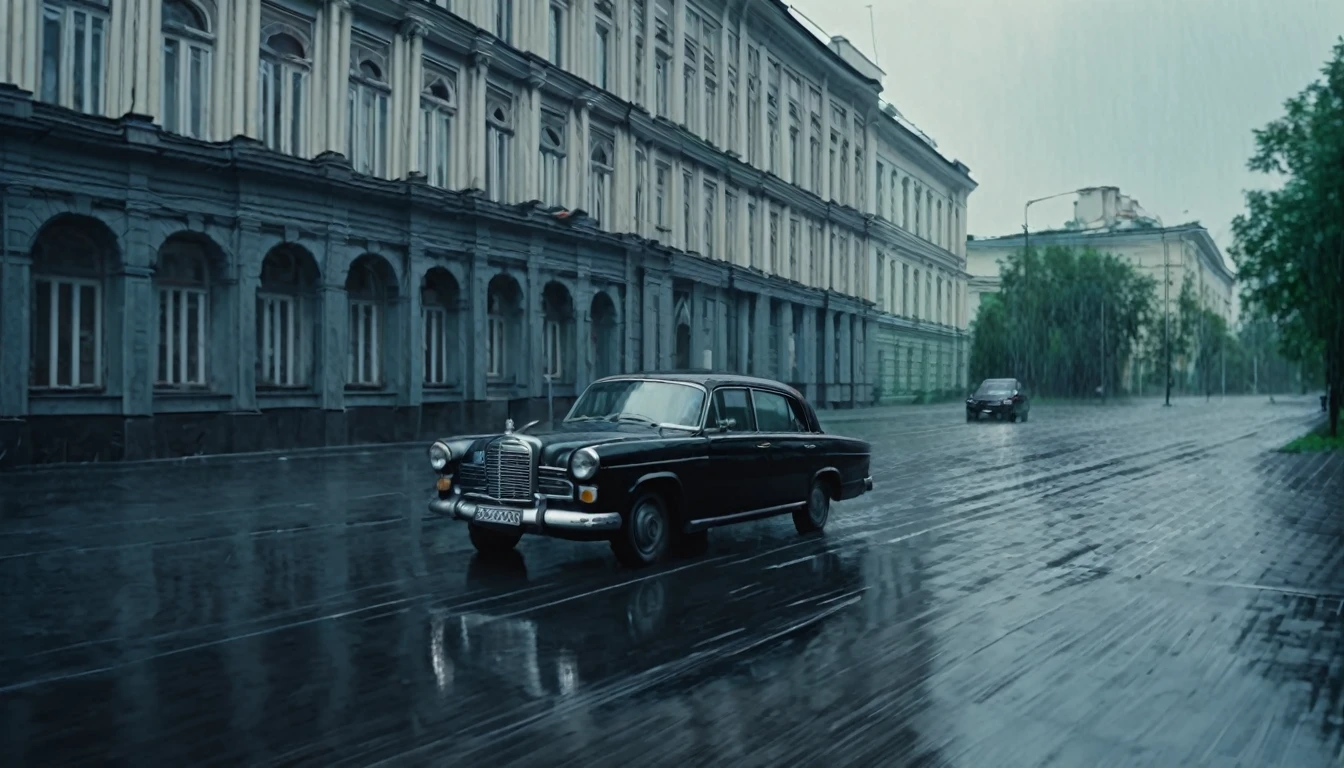 A black car drives against the background of Soviet buildings, rainy weather, downpour, rain, cinematic scene, realistic scene