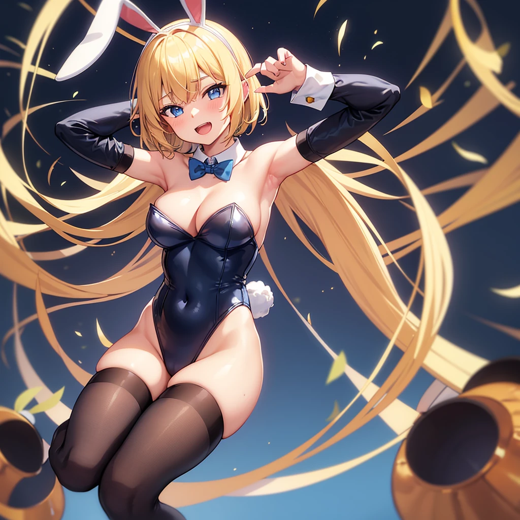 1girl, solo, breasts, looking at viewer, blush, smile, short hair, open mouth, bangs, blue eyes, blonde hair, thighhighs, bow, navel, animal ears, cleavage, bare shoulders, tail, ahoge, thighs, detached sleeves, black thighhighs, bowtie, armpits, nail polish, rabbit ears, arms up, leotard, wrist cuffs, clothing cutout, detached collar, blurry background, fake animal ears, highleg, blue bow, playboy bunny, rabbit tail, black leotard, highleg leotard, blue nails, blue bowtie, navel cutout, bunny pose