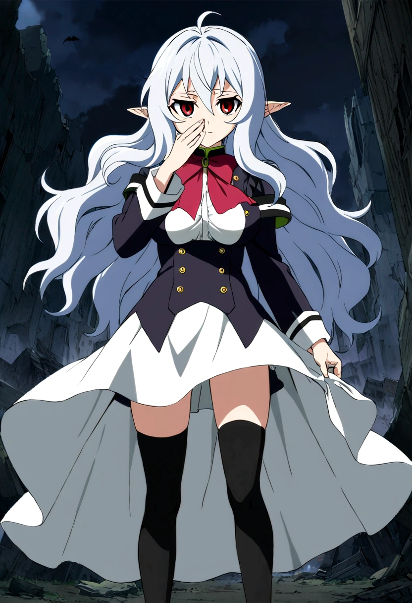 Anime. Owari no Seraph. 1 Girl. Dear . A vampire. Progenitor Clumsy. Silver hair. Wavy hair. Long hair. Red eyes. Beautiful eyes. Perfect eyes. Expressive eyes. Ideal face. Perfect body. Beautiful long ones. legs. Beautiful nose. 18 years. Big breasts. Standing. Full length Beautiful character design. Shiny skin. Cold. Runny nose. Nasal mucus. Snot. Wants to sneeze. She needs to sneeze. Strong, desperate desire to sneeze. She sneezes. She sneezes, covering her nose with her hands. Handkerchief. Blows his nose. Snot flows from the nose. Pointy ears. White dress. Vampire uniform dress from
Owari no Seraph. Black stockings. Heeled shoes. Rapier in right hand. Left hand with a handkerchief near the face. Ruins of Tokyo. Full body. NSF. Official art. Extremely detailed CG Unity 8k wallpaper. Ideal lighting. Ultra high resolution 4K. Super detailed 8K. A high resolution.
